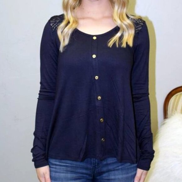 Dark Navy Blue Long Sleeve Top Gold Buttons Lace - Picture 1 of 6